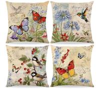 4 Pezzi Federe Cuscini Divano 40x40cm,Federe per Cuscini Fiori Primaverili,Federa per Cuscino in Lino,Federa per Cuscino Farfalle E Uccelli Da Giardino Fiorito,Per Divano Decorazione Della Casa (B)