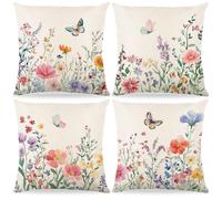4 Pezzi Federe Cuscini Divano 40x40cm,Federe per Cuscini Fiori Primaverili,Federa per Cuscino in Lino,Federa per Cuscino Farfalle E Uccelli Da Giardino Fiorito,Per Divano Decorazione Della Casa (C)
