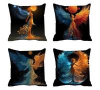 4 Pezzi Federe Cuscini Divano 50 x 50 Angelo Divano Decorativo Doppia Faccia in Esterno Impermeabile Lino con Cerniera Invisibile per Soggiorno Camera Balcone Esterno per Cucina, Sedia, Luna F0P-593