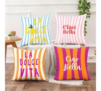 4 pezzi Federe per cuscini a righe estive italiane, copricuscini decorativi per divano, lavabili in lavatrice, disponibili in più misure, stampati con il motivo "Ciao Bella" a limone (stampa su entram
