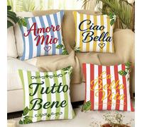 4 pezzi Federe per cuscini con stampa a righe colorate e foglie, Hello, Sweet Life, My Love, Everything Is Fine, testo in italiano, motivo a blocchi di colore [Inserti per cuscini non inclusi], 45*45c