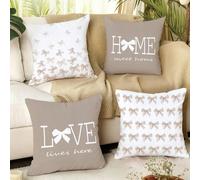 4 pezzi Federe per cuscini con stampa di illustrazioni ad acquerello a fiocco color tè al latte, citazioni ispiratrici "casa Sweet casa" e "Love Lives Here", realizzate in tessuto di poliestere, stamp