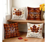 4 pezzi Federe per cuscini/Cuscini decorativi con stampa a tema autunnale a quadri, zucca e foglie d'acero, stampa su un lato, adatte per decorare l'atmosfera di diversi ambienti come soggiorno, divan