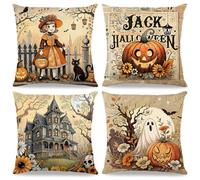 4 Pezzi Federe per Cuscini Di Halloween 40 X 40 Cm,Federa per Cuscino in Lino,Halloween Decorazioni,Copricuscini Con Motivo Zucca,Fantasma, Gatto Nero,Pipistrello,Castello,Per Festa Di Halloween (B)