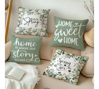 4 pezzi Federe per cuscino con stampa floreale primaverile e bordo a foglie "casa Sweet casa e casa Is Where Our Story Begins", realizzate in velluto pesca, stampa monofronte, dimensioni: 45x45cm/50x5
