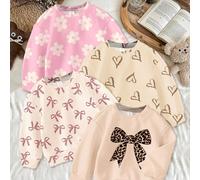 4 pezzi Felpe casual e confortevoli per bambine, con collo rotondo, maniche lunghe, morbide e spesse, con stampe vintage carine come fiocco, leopardo, fiore, cuore leopardato, ballerina, dopamina, col
