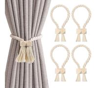 4 Pezzi fermatenda magnetici Resistenti per Tende, Tessuto a Mano in Legno Boho, Calamite per Tende in Cotone Intrecciato a Mano, Corda per Tende Moderne per La Casa e L'Ufficio, Decorazione (Beige)
