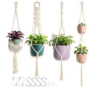 4 Pezzi Fioriera in Macramè, Decorazione Boho Portavasi da Appendere | Sospensioni Macramè per Piante con Ganci in Corda di Cotone con Nappine, per Esterni, Giardino, Balcone, Terrazza e Finestre