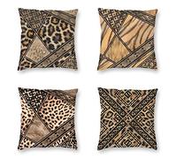 4 Pezzi Fodera per Cuscino 45x45cm, Marrone e Leopardo Nero Modello Moderni Decorativo copri cuscini per divano, federe cuscini in Velluto con Cerniera Invisibile,Adatto per Interni,Casa, Auto