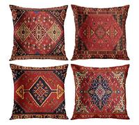 4 Pezzi Fodera per Cuscino 60x60cm, Arte etnica rossa Modello Moderni Decorativo copri cuscini per divano, federe cuscini in Velluto con Cerniera Invisibile,Adatto per Interni,Casa, Auto e Sedia