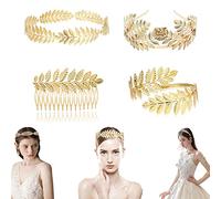 4 Pezzi Foglia Corona Capelli, Fascia di Foglia Corona, Foglia Corona Capelli Accessori, Bracciale Dorato Foglie di Alloro Corona, Costume dea Greca Fascia Capelli, per Donne Ragazze in Festa