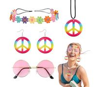 4 Pezzi Hippie Costume Set, Occhiali Anni 70 Rosa Rotondi, Collana Pace E Orecchini Arcobaleno, Accessori Hippie Donna Con Corona Di Fiori Colorati, Per Halloween Carnevale Festa Anni '60 E '70