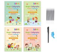4 Pezzi Inglese Quaderno Magico con Scanalature Confezione, Quaderno per Calligrafia con Penne e Impugnatura, Quaderni Magici Riutilizzabili per Bambini, Quaderni di Esercizi per Bambini