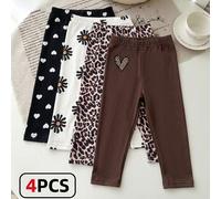 4 pezzi Leggings casual versatili per bambine, con stampe floreali vintage, leopardate, a cuore e tinta unita marrone, morbidi, ad alto rapporto qualità-prezzo, adatti per primavera/estate, per uso ca