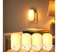 [4 Pezzi] Luce Notturna da Presa con Sensore Crepuscolare, 5 Livelli Dimmerabile, 3000K Bianco Caldo, Modalità ON/OFF/Auto, LED Soffuso a Risparmio Energetico per Cameretta, Corridoio, Cucina, Scale