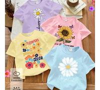 4 pezzi Magliette a maniche corte casual e alla moda per ragazze, con stampe minimaliste e creative di margherite, girasoli, farfalle colorate, a forma di cuore e lettere, nei colori viola, rosa, gial