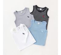4 pezzi Magliette Canotte casual e alla moda per neonati maschi, con stampe grafiche ricamate a righe, collo tondo, senza maniche, versatili, confortevoli e adorabili per uscite primaverili/estive e u