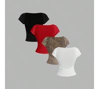 4 pezzi Magliette da donna casual minimaliste, aderenti, con schiena scoperta e stampa leopardata in nero, bianco e rosso, adatte per l'estate come canotta o capo esterno L,M,S,XL,XS,XXL,XXS,XXXL,XXXX