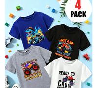 4 pezzi Magliette grafiche con camion mostro & dinosauro per bambini, top estivi a maniche corte per bambini piccoli, set di abbigliamento per il ritorno a scuola e l'asilo 2-7T 6Y,7Y,8Y,9Y,10Y,4Y,5Y,