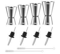 4 Pezzi Misurino Cocktail in Acciaio Inox, Dosatore Cocktail Misure Doppio 15/30 ml 20/40 ml 25/50 ml 30/60 ml, con 4 Tappo Versatore e 2 Spazzola di Pulizia per Bar, Party, Vino, Bevande Barista