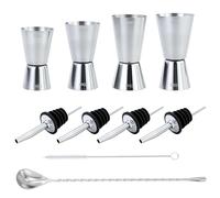 4 Pezzi Misurino Doppio per Cocktail in Acciaio Inox 15ml,20ml,25ml,30ml,40ml,50ml,60ml con 4 Tappo Versatore,1 Bar Spoon e 1 Spazzola di Pulizia per Bar,Vino,Bevande Barista