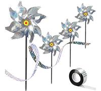 4 Pezzi Mulino a Vento Repellente per Uccelli, Spavento Riflettente degli Uccelli con Bird Scare Tape 50m, Decorazione da Giardino Repellente per Uccelli, Repellente per Uccelli Girandole