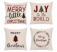 4 Pezzi Natalizi Cuscini per Divano, Natale Federe Cuscino Divano 50x50 CM Albero di Natale rosso, Natale Lino Copricuscini, Decorazione Natalizia per la Casa Addobbi Soggiorno Natalizie Decorativi