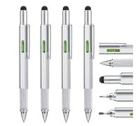 4 pezzi Penna Multitool Pen con Ricariche Extra, 6 in 1 Strumento con Righello & Levelgauge, Penna a sfera multifunzione in metallo, Gadget cool per uomo, Regalo per il marito papà (Argento)