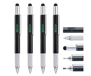 4 pezzi Penna Multitool Pen con Ricariche Extra, 6 in 1 Strumento con Righello & Levelgauge, Penna a sfera multifunzione in metallo, Gadget cool per uomo, Regalo per il marito papà (Nero)