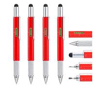 4 pezzi Penna Multitool Pen con Ricariche Extra, 6 in 1 Strumento con Righello & Stilo touchscreen, Penna a sfera multifunzione in metallo, Gadget cool per uomo, Regalo per il marito papà (Rosso)