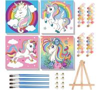 4 pezzi per dipingere con i numeri, per bambini con cornice, unicorno, per bambini a partire dai 4 5 7 anni, per ragazze, unicorni dipinti a mano, per regalo 20 x 20 cm (con cavalletto in legno)