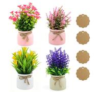 4 Pezzi piante artificiali fiori in vaso, fiori vaso decorativi artificiali, mini piante finte in plastica, 4 colori, con 4 etichette in carta kraft, per soggiorno, cucina, scuola, ufficio