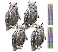 4 Pezzi Picchi Dissuasore per Uccelli, Dissuasori per Piccioni, Piatto Finto Gufo Scaccia Piccioni, Spaventa Piccioni con Nastro Riflettente, Piccioni Dissuasori Balcone Lontano Giardino Piscina Patio