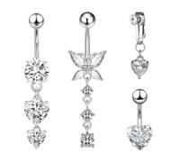 4 Pezzi Piercing Finto Ombelico Argento - Clip Senza Buco Farfalla, Gioielli Ciondolo Cuore, Pancia Penzolante Anello