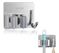 4 Pezzi Portascope da Muro Adesivo Appendibile, Porta Scope Parete in Acciaio Inossidabile Senza Perforazione per Garage, Cucina, Giardino e Ufficio, Con gancio（Argento）