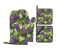4 pezzi Presine E Guanti Da Barbecue Purple And Green Grapes Pattern Guanti Da Barbecue Resistente Al Calore Guanti Da Forno A Microonde Per Cottura Al Forno, Cucinare, Microonde