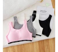 4 pezzi Reggiseno a fascia imbottito basic e dolce con stampa LOVE, colore tinta unita costine, adatto per ragazze, può essere indossato come capo esterno 8Y,9Y,10Y,11Y,12YLettereTessuto