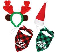 4 Pezzi Regolabile 3D Cappelli da Babbo Natale per Cani, Natale Triangolo Plaid Classico Bufalo Sciarpa per Animali Domestici, Cerchietto di Corna Renna Natale con Orecchie Costumi per Cani e Gatti