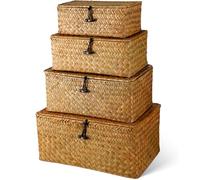 4 Pezzi Rettangolare Cestino Vimini, Cesto di Vimini con Coperchio, TOOSOAR Cesto di Vimini per Organizzare i Giocattoli per la Merenda
