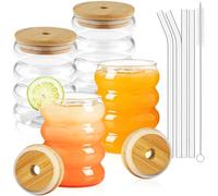 4 Pezzi Set Bicchieri Vetro con Coperchio, Cannuccia e Spazzola - 350ml con Bolle, Trasparente Vintage Ondulazione per Cocktail, Soda, Latte, Macchiato