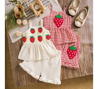 4 pezzi Set casual di moda per bambine, composto da canottiera con ricamo a fragola e orlo solido, e pantaloni con blocchi di colore e lavorazione a crochet a fragola, per l'estate 4Y,9-12M,12-18M,18-