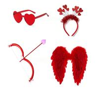 4 pezzi Set costume di San Valentino Cupido, inclusi ali rosse, arco e freccia, fascia per capelli e occhiali, adatto per giochi di ruolo per le vacanze, accessori per foto, regali di compleanno, deco