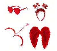 4 pezzi Set costume di San Valentino Cupido, inclusi ali rosse, arco e freccia, fascia per capelli e occhiali, adatto per giochi di ruolo per le vacanze, accessori per foto, regali di compleanno, deco