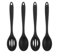 4 Pezzi Set Cucchiai da Cucina in Silicone Nero Manico | Design Forato e Pieno, Adatti a Padelle Antiaderenti, per Mescolare, Scolare e Servire Zuppe