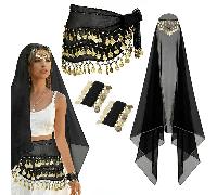 4 pezzi Set da Danza del Ventre, inclusi Sciarpa Chiffon per Fianchi, Fascia per Capelli, Bracciali e Altri Accessori da Danza, con Monete colore arancione,Bianco,nero,giallo,rosa,rosa rossa,lago blu,