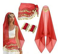 4 pezzi Set da Danza del Ventre, Sciarpa da Anca in Chiffon per Danza del Ventre, Bandana, Bracciale da Polso, Accessori da Danza con Monete d'Oro Bianco,rosa rossa,giallo,nero,zaffiro,lago blu,Grande