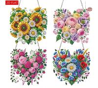 4 pezzi Set da scrivania decorativo con pittura a diamante a motivo floreale a forma di cuore, decorazione da tavolo fai-da-te 5D, artigianato con intarsio di gemme per casa e camera da letto Tagli Un