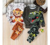 4 pezzi Set di abbigliamento casual da ragazzo, composto da maglietta a maniche lunghe con collo a giro e pantaloni, con stampe di leoni e dinosauri, morbido e confortevole, adatto per l'autunno/inver