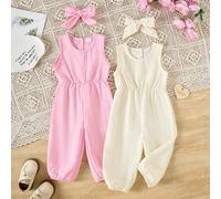 4 pezzi Set di body a canottiera e fascia coordinati per neonata, in colori uniti, stile carino e dolce, per l'estate. Design con bottoni singoli sulla schiena, facile da indossare, body minimalista e