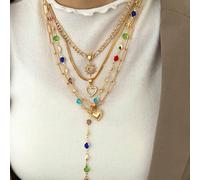 4 pezzi Set di collane a forma di Y - Elegante, geometrico vintage a forma di cuore, cristallo colorato, raggi di sole, catena a serpente, minimalista, collane pendenti con nappine, moda, chic, sofist